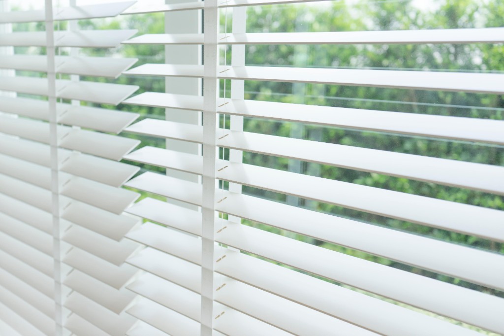 White blinds controlling light in a room