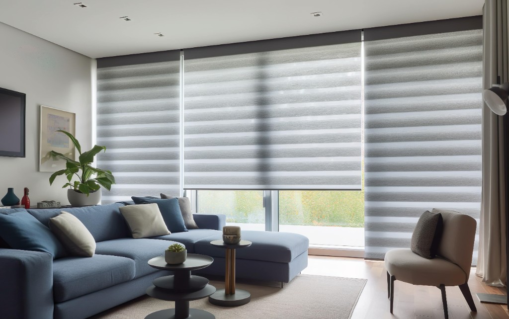 Modern roller shades in a contemporary living room